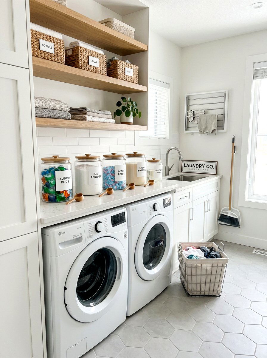 Clear glass jars - 25 Spring Laundry Room Decor Ideas