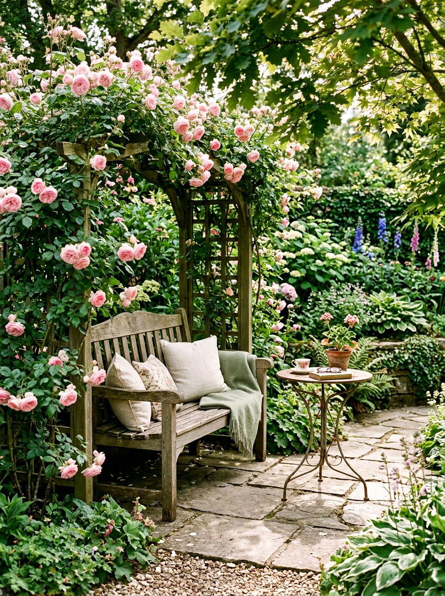 Climbing Rose Seating Area - 25 Spring Climbing Rose Ideas