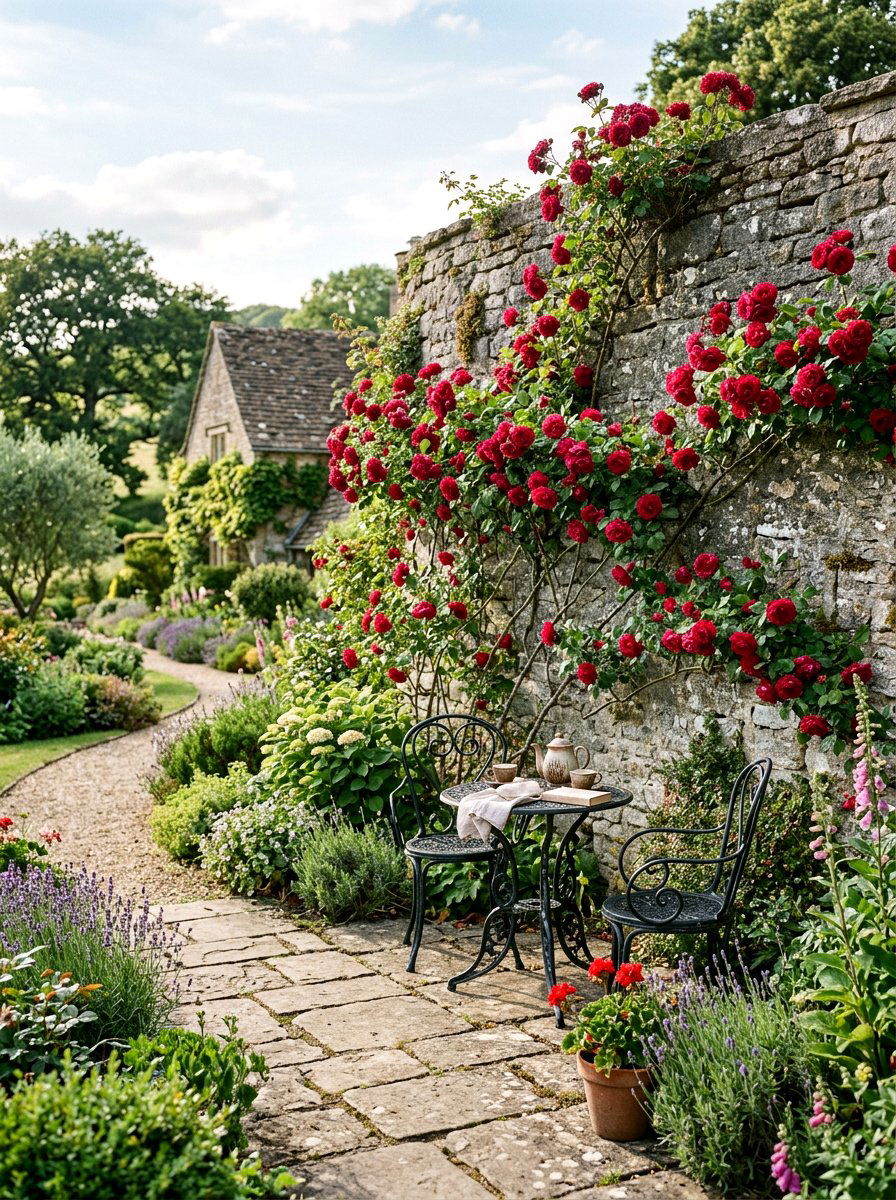 Climbing Rose Stone Wall - 25 Spring Climbing Rose Ideas