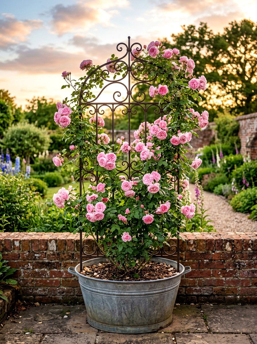Climbing Rose Trellis - 25 Spring Galvanized Tub Planter Ideas