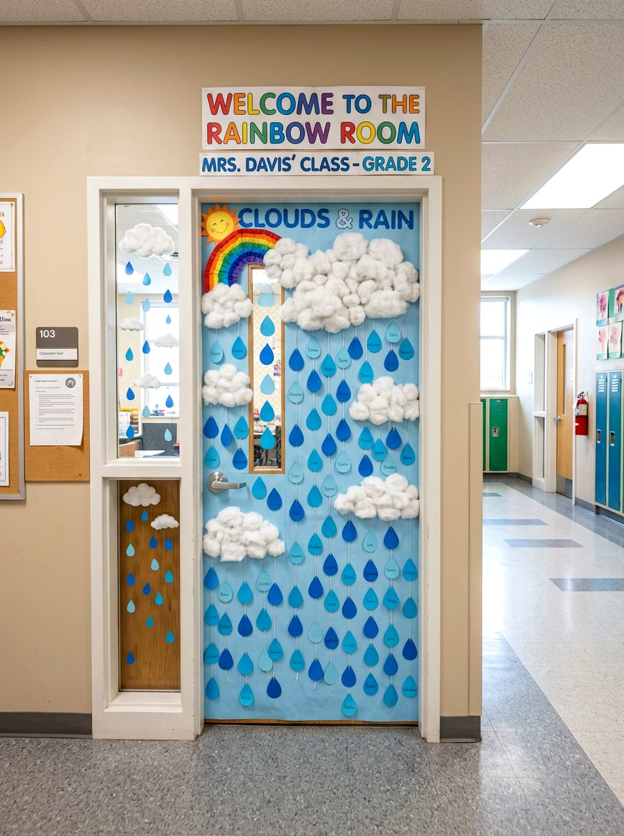 Clouds And Rain Classroom Door - 25 Spring Door Decoration Ideas for Classroom