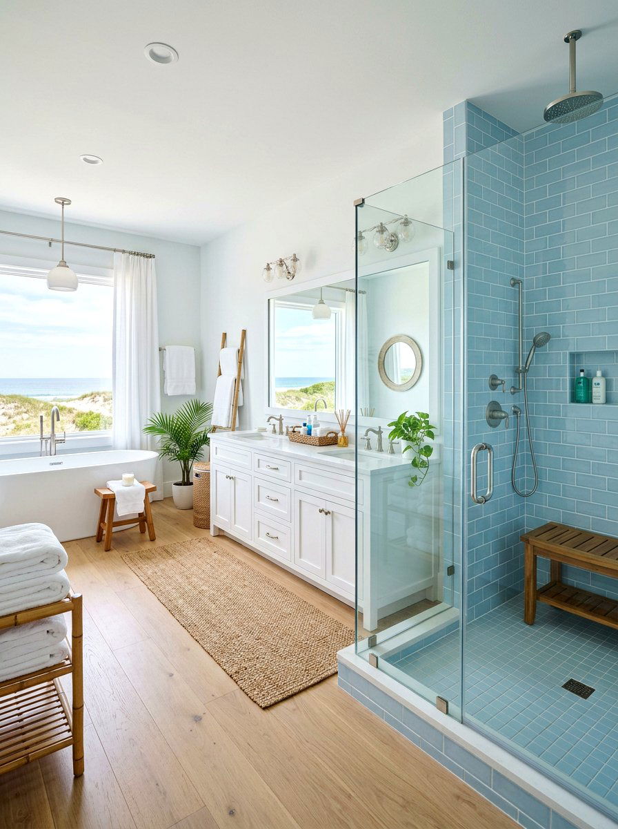 Coastal Bathroom With Soft Blue Tiles - 25 Spring Beach House Decor Ideas