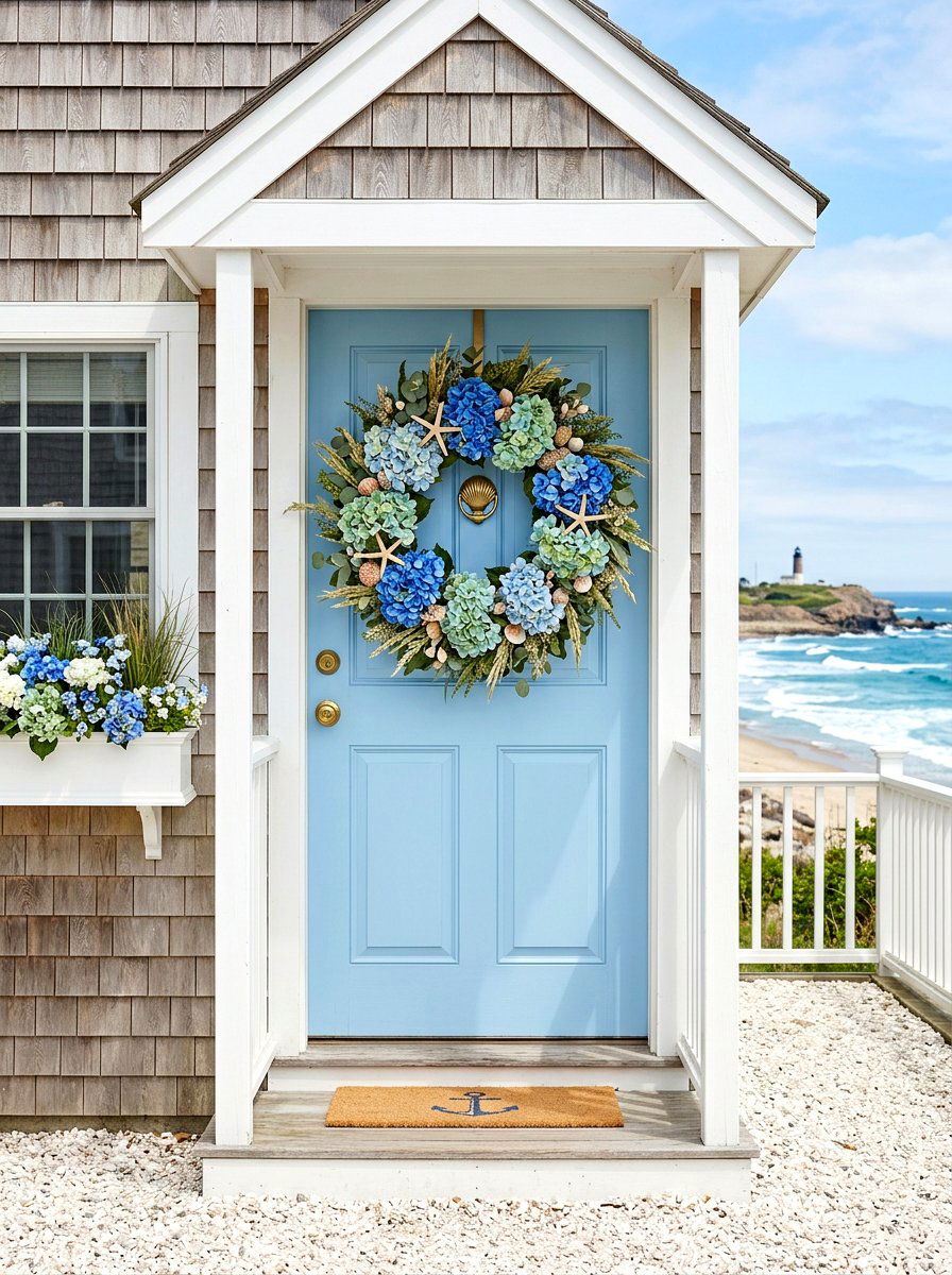Coastal Blue Hydrangea Wreath - 25 Spring Hydrangea Wreath Ideas
