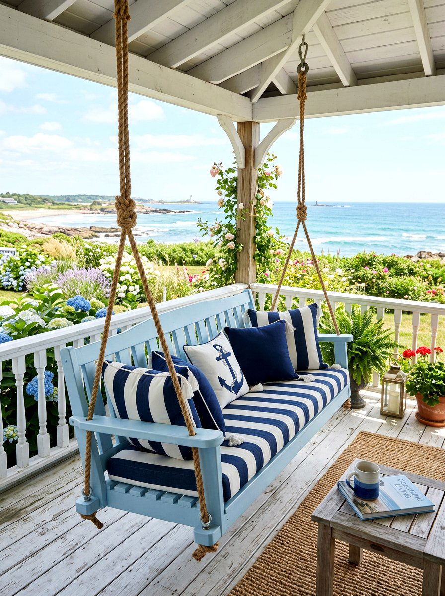 Coastal Blue Porch Swing - 25 Spring Garden Swing Decor Ideas