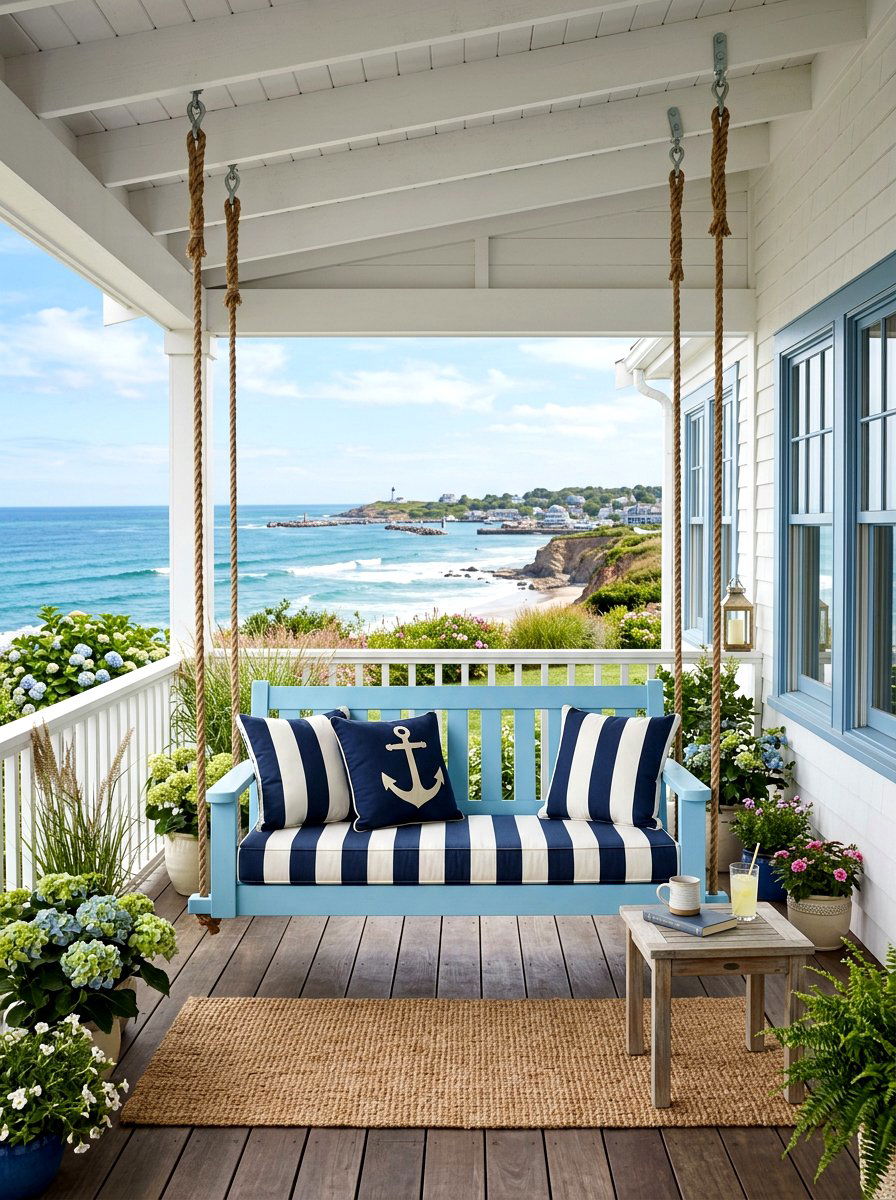 Coastal Blue Porch - 25 Spring Porch Swing Decor Ideas