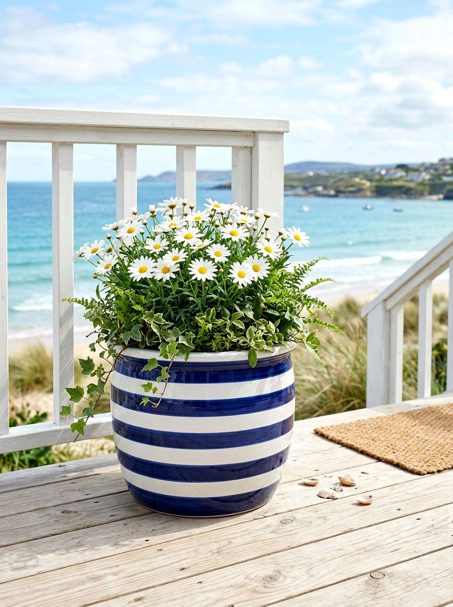 Coastal Blue Stripe Planter - 25 Spring Sidewalk Planter Ideas