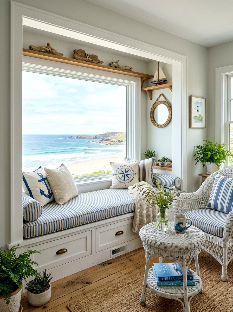 Coastal Blue Stripes - 25 Spring Window Seat Decor Ideas