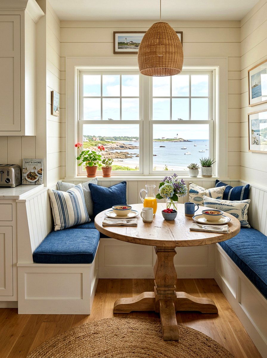 Coastal Breakfast Nook With Built In Seating - 25 Spring Beach House Decor Ideas