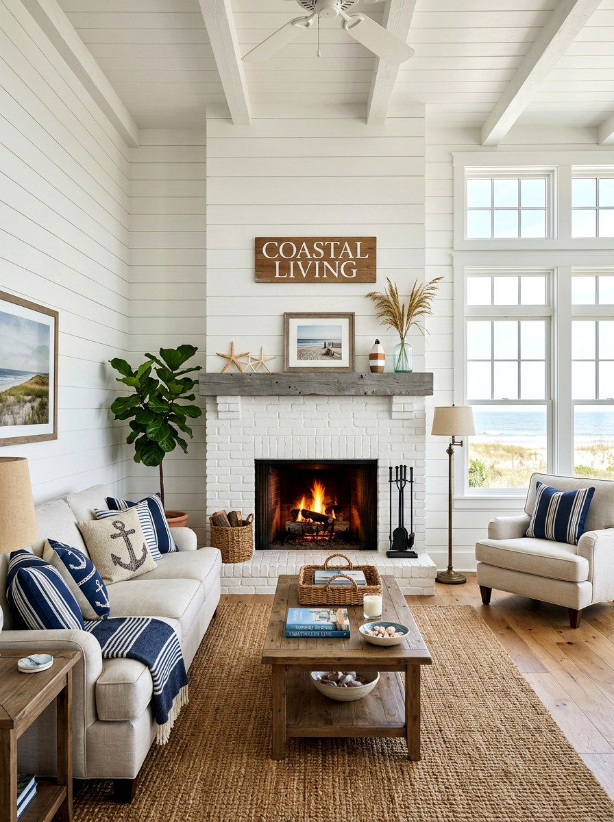 Coastal Farmhouse Living Room - 25 Spring White Brick Fireplace Ideas