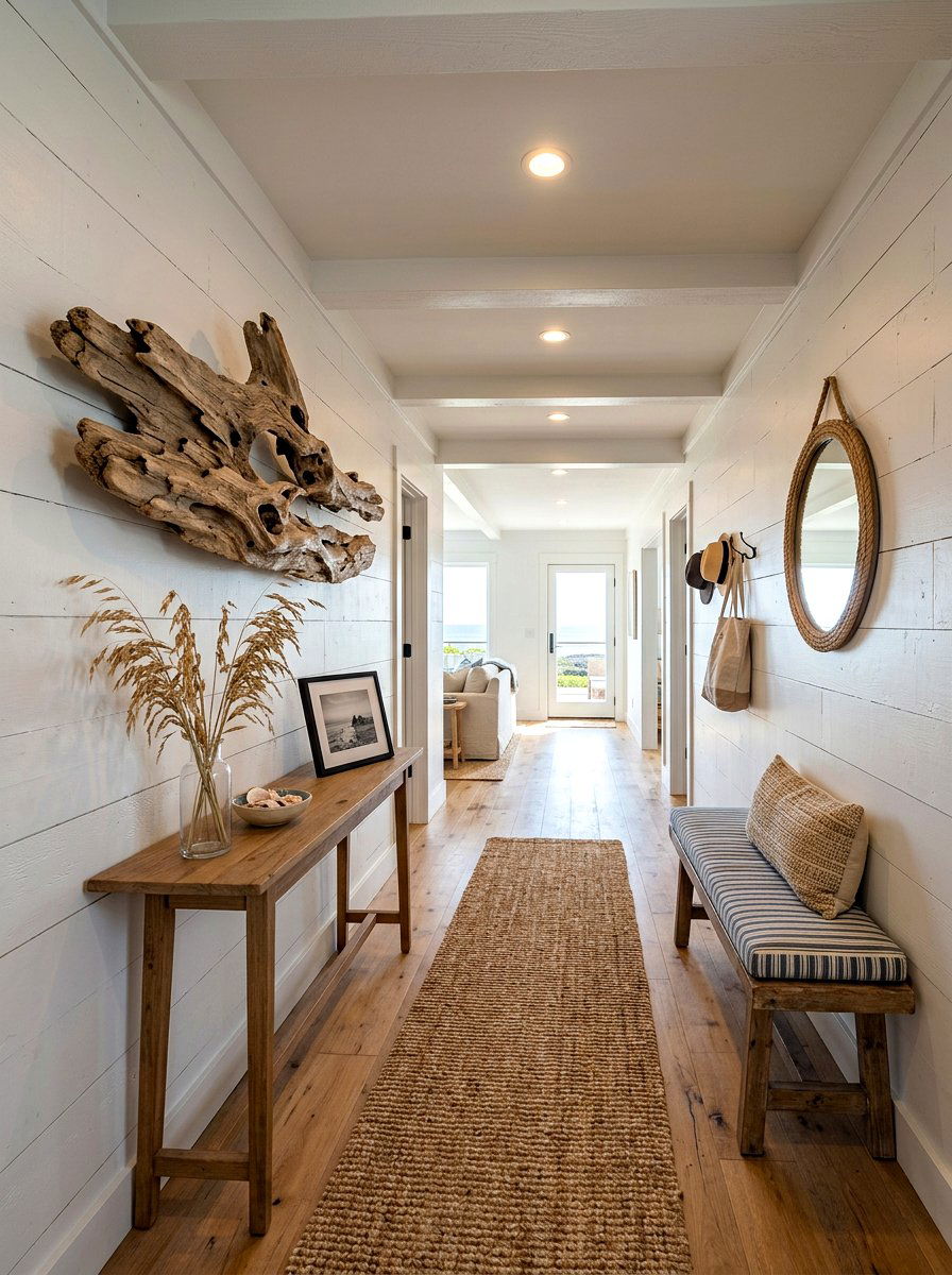 Coastal Hallway With Driftwood Wall Decor - 25 Spring Beach House Decor Ideas