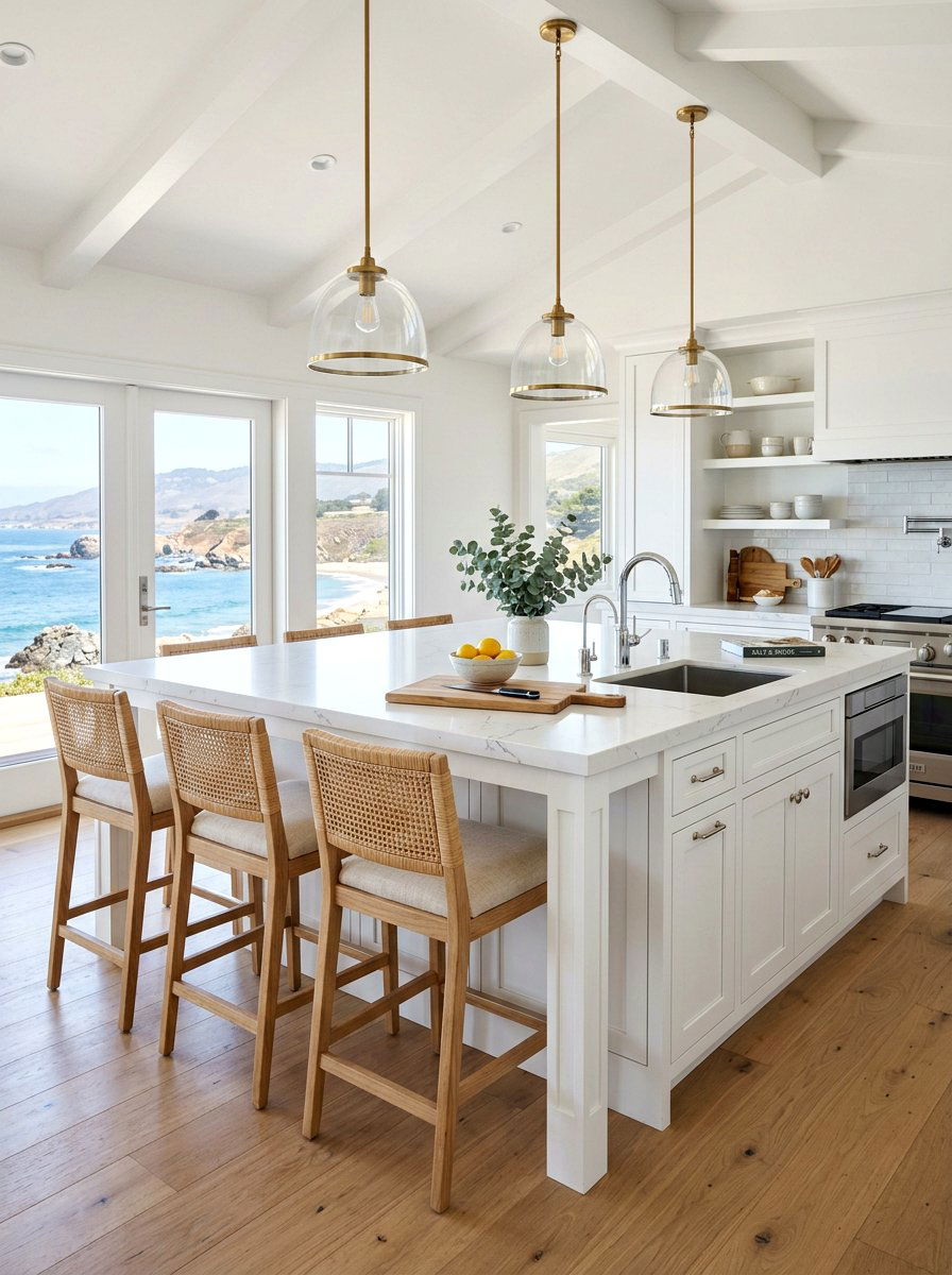 Coastal Kitchen Island With Modern Stools - 25 Spring Beach House Decor Ideas