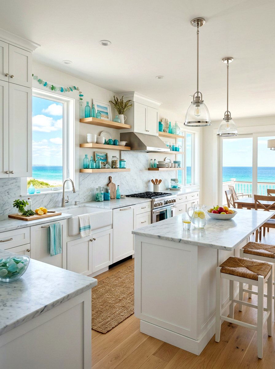 Coastal Kitchen With Sea Glass Accents - 25 Spring Beach House Decor Ideas