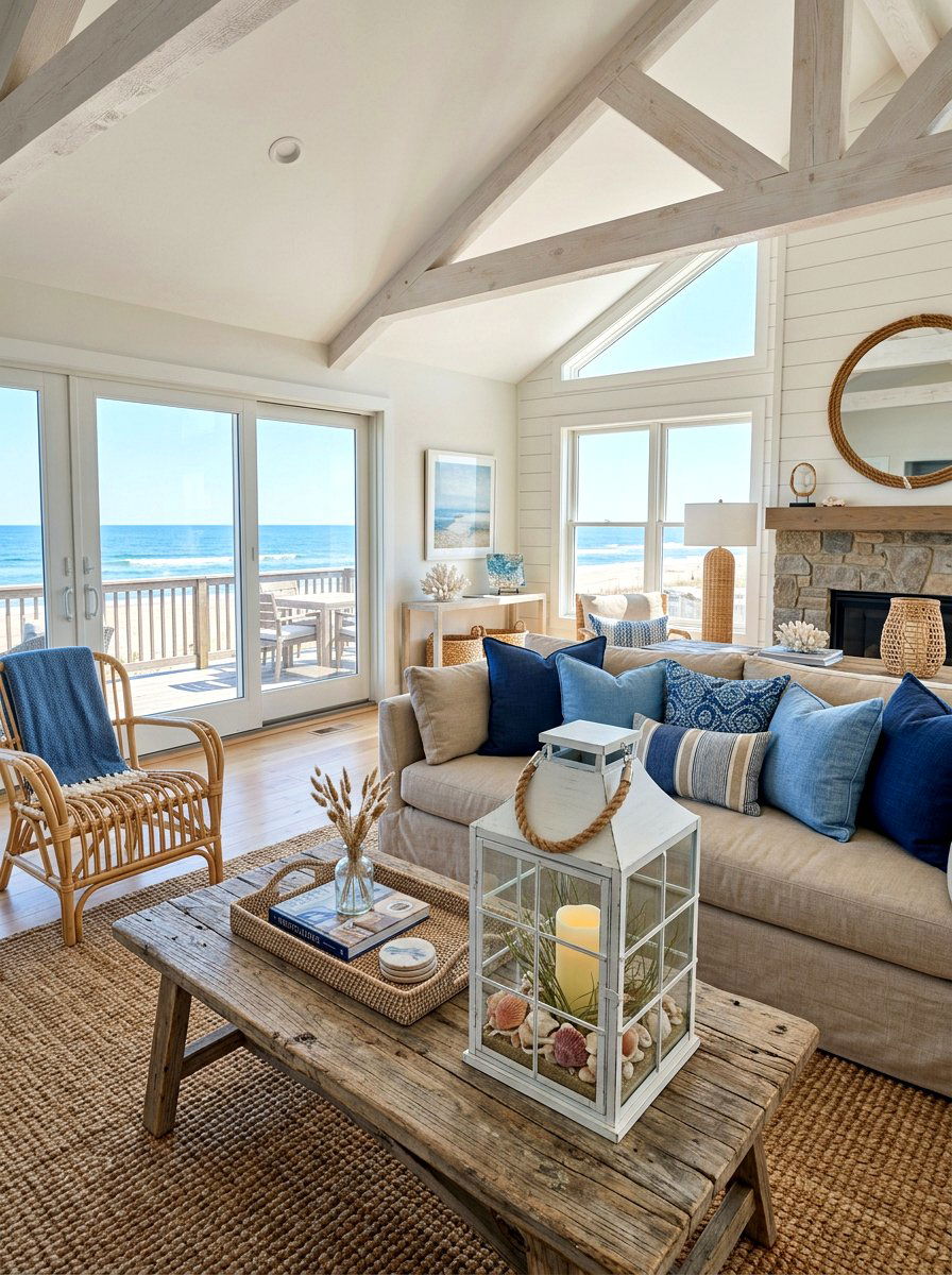 Coastal Lantern With Shells And Spring Greens - 25 Spring Lantern Centerpiece Ideas