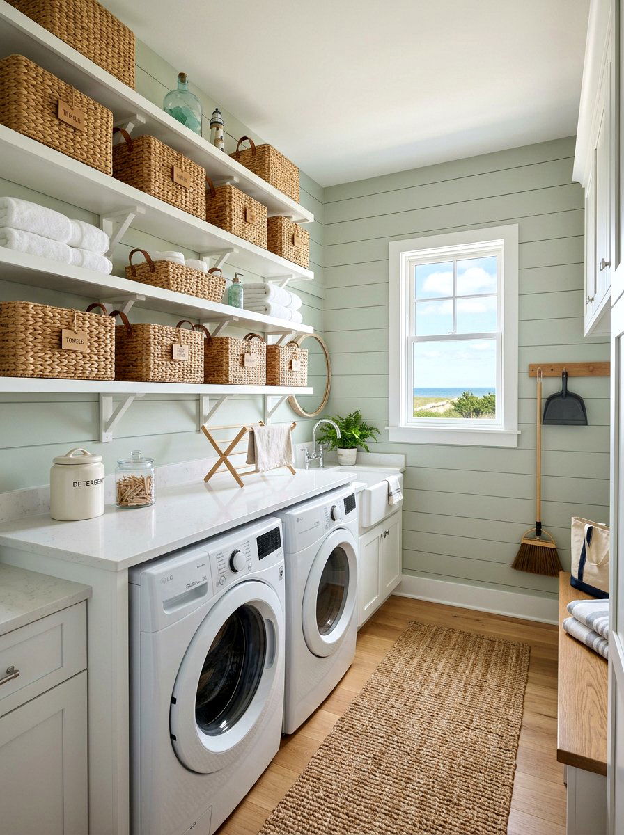 Coastal Laundry Room With Wicker Storage - 25 Spring Beach House Decor Ideas