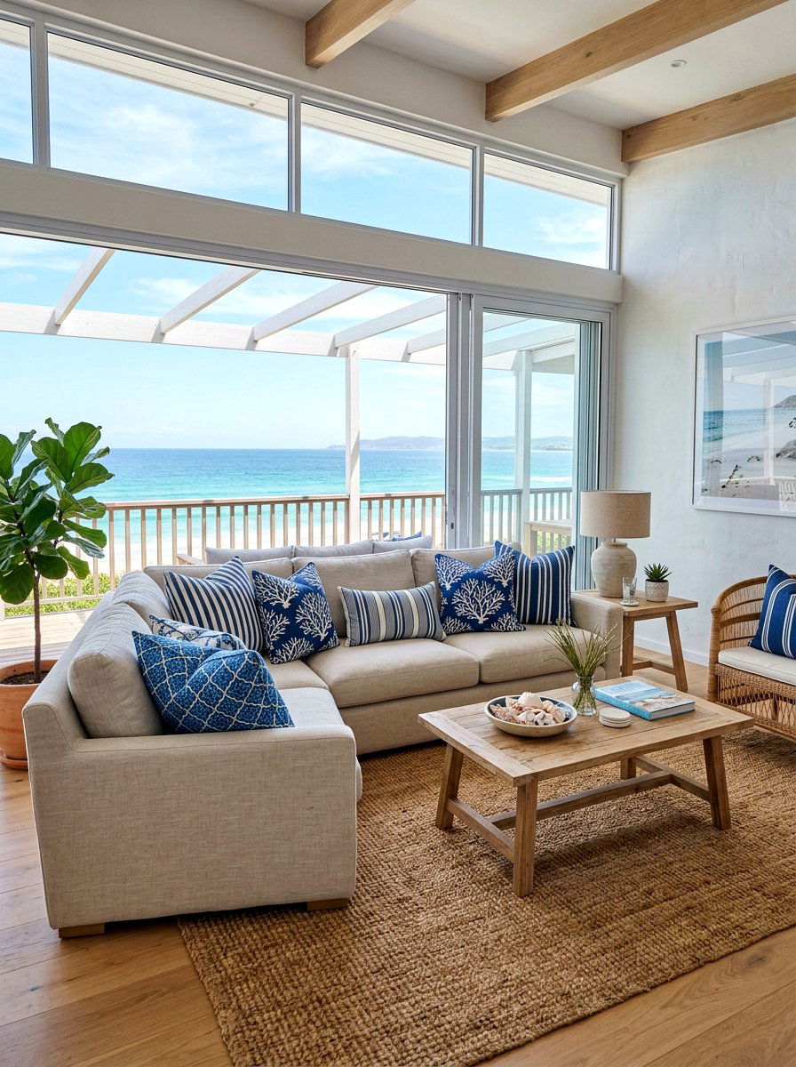 Coastal Lounge With Blue Patterned Pillows - 25 Spring Beach House Decor Ideas
