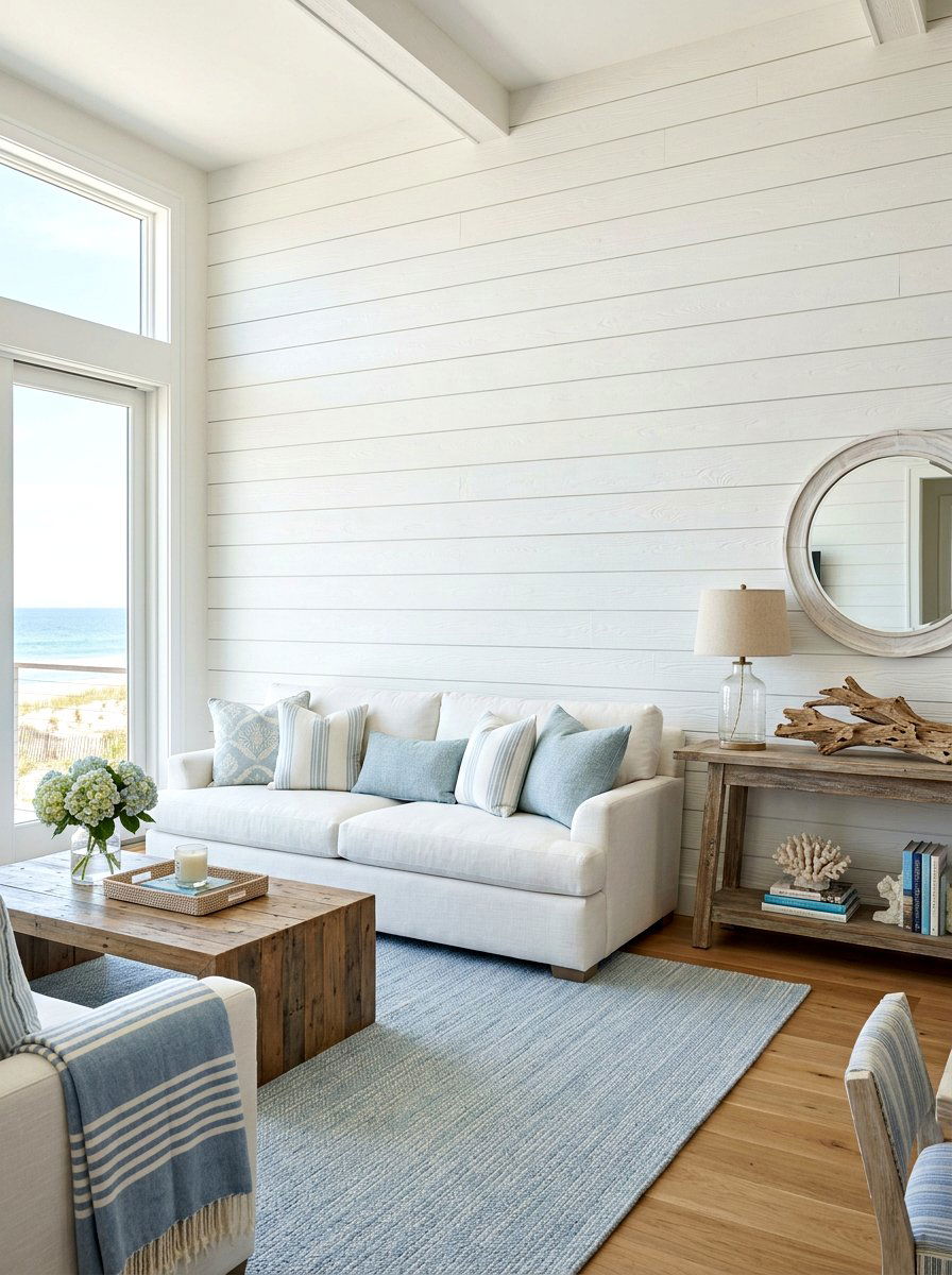 Coastal Shiplap Wall With Blue Accents - 25 Spring Shiplap Wall Decor Ideas