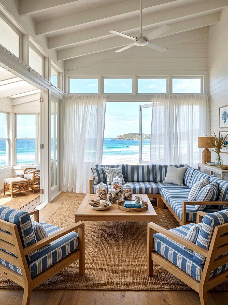 Coastal Sunroom With Blue Accents - 25 Spring Sunroom Decor Ideas