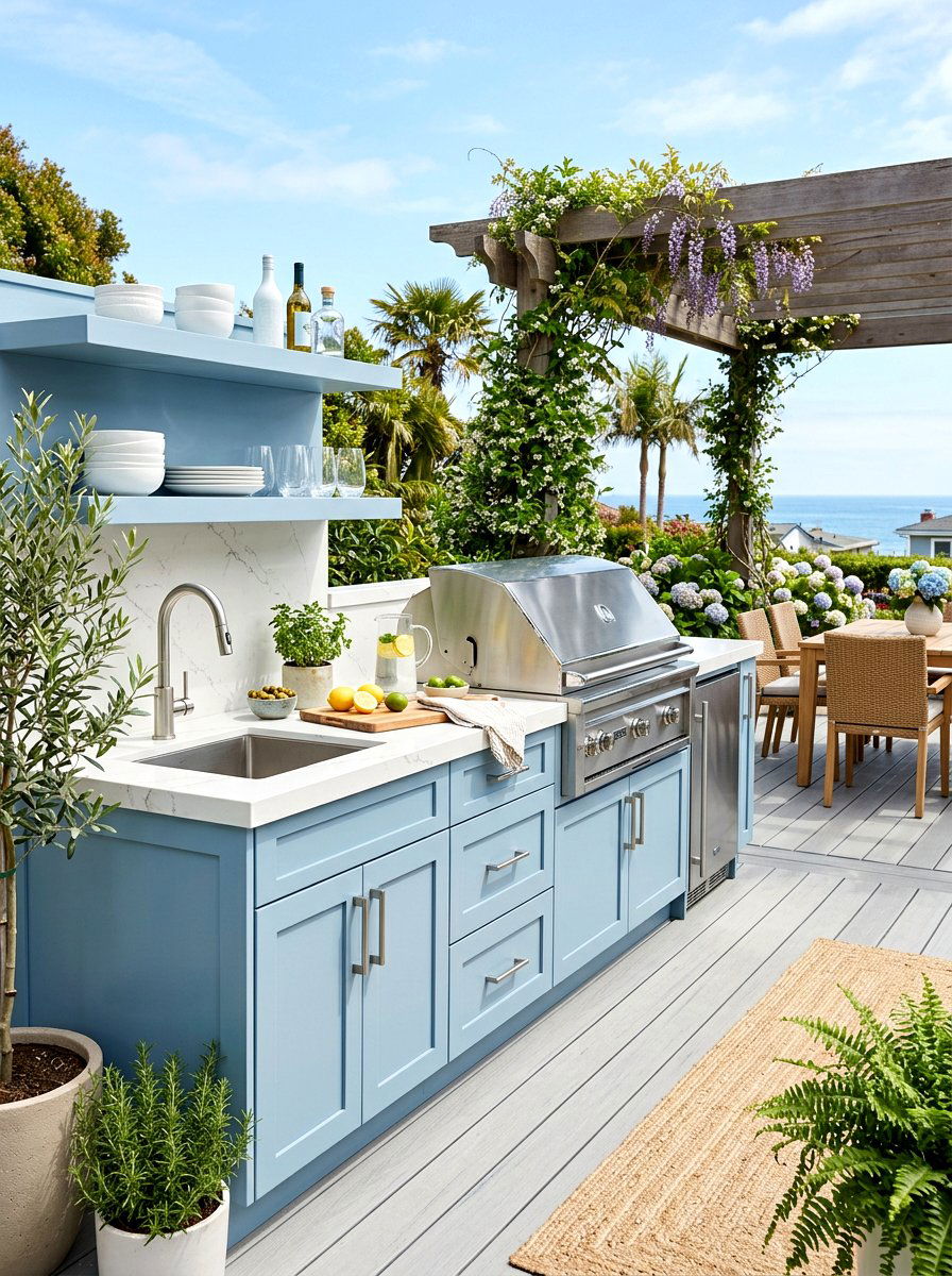 Coastal blue cabinetry - 25 Spring Outdoor Kitchen Decor Ideas