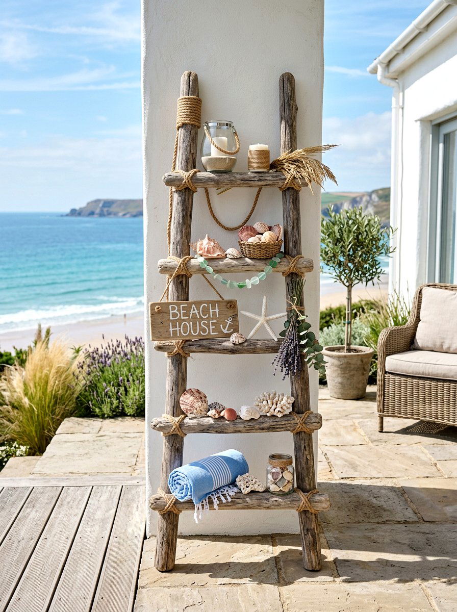 Coastal ladder patio decor - 25 Spring Outdoor Ladder Decor Ideas