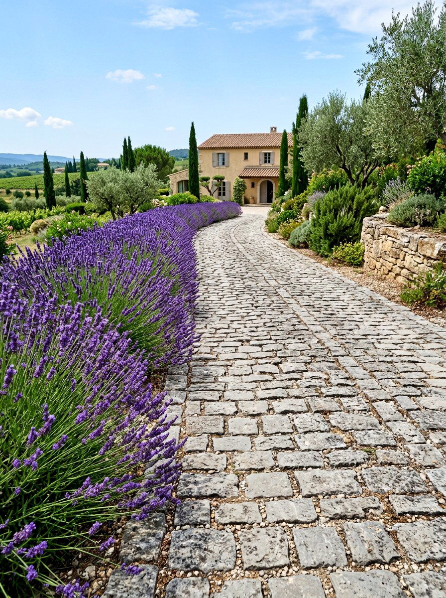 Cobblestone Driveway With Lavender Edge - 25 Spring Driveway Decor Ideas