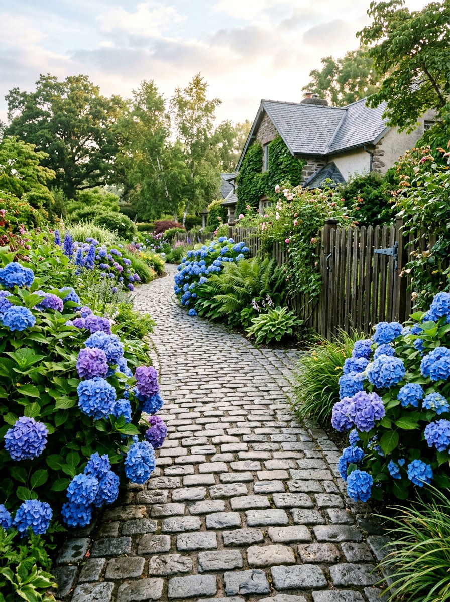 Cobblestone Path With Hydrangeas - 25 Spring Pathway Decor Ideas
