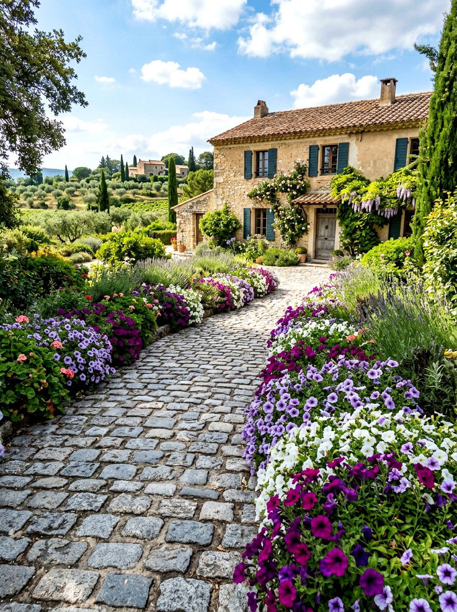 Cobblestone path with petunias - 25 Spring Entryway Walkway Ideas