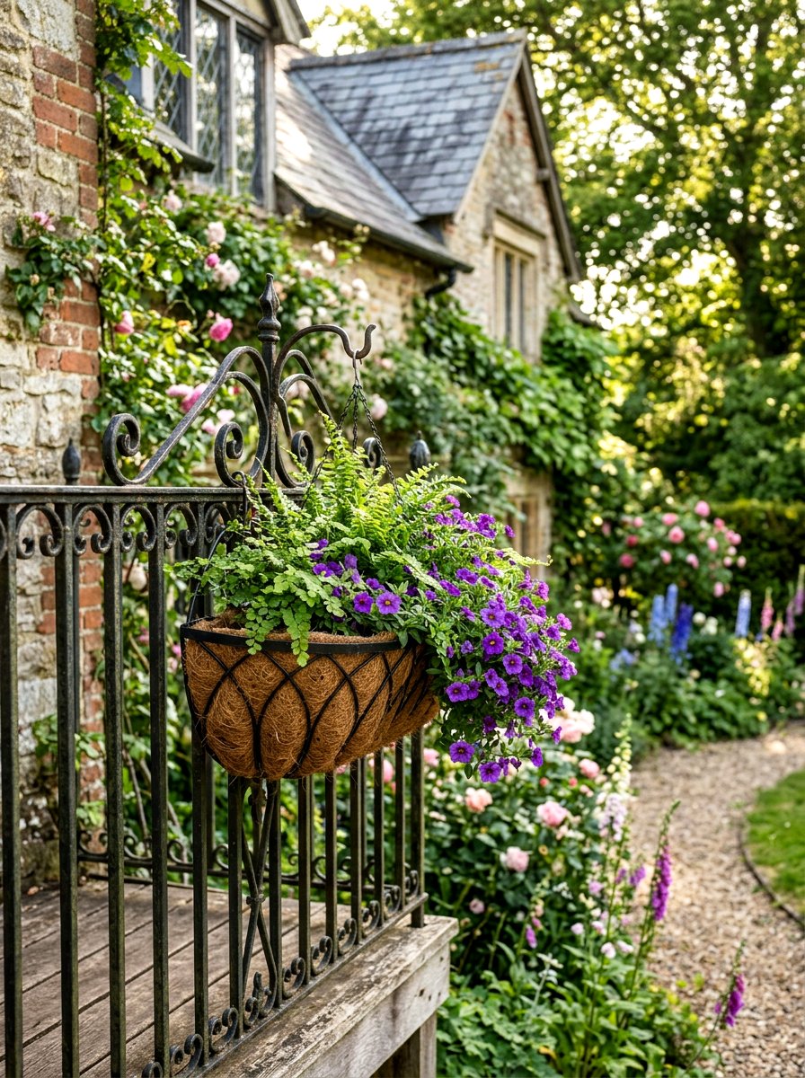 Coconut liner hanging planter - 25 Spring Porch Railing Planter Ideas