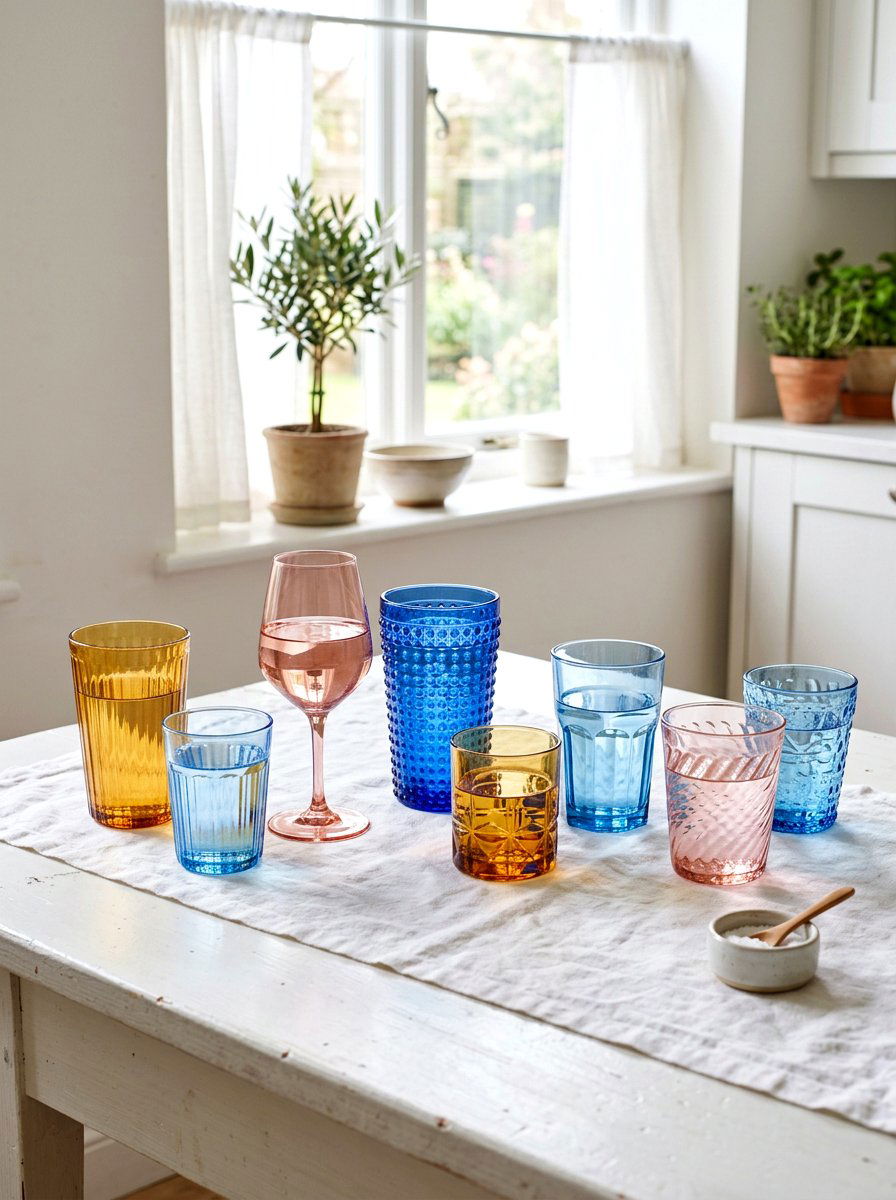 Colored Glassware Set - 25 Spring Mimosa Bar Decor Ideas