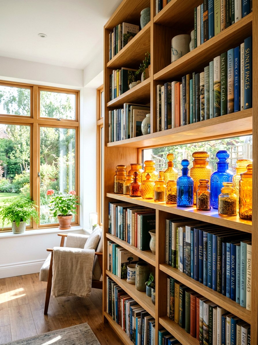 Colored glass jars - 25 Spring Bookshelf Decor Ideas