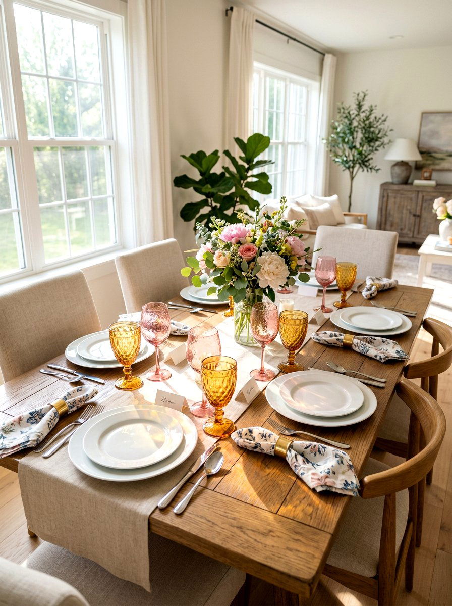 Colored glassware dining table - 25 Spring Grandmillennial Decor Ideas