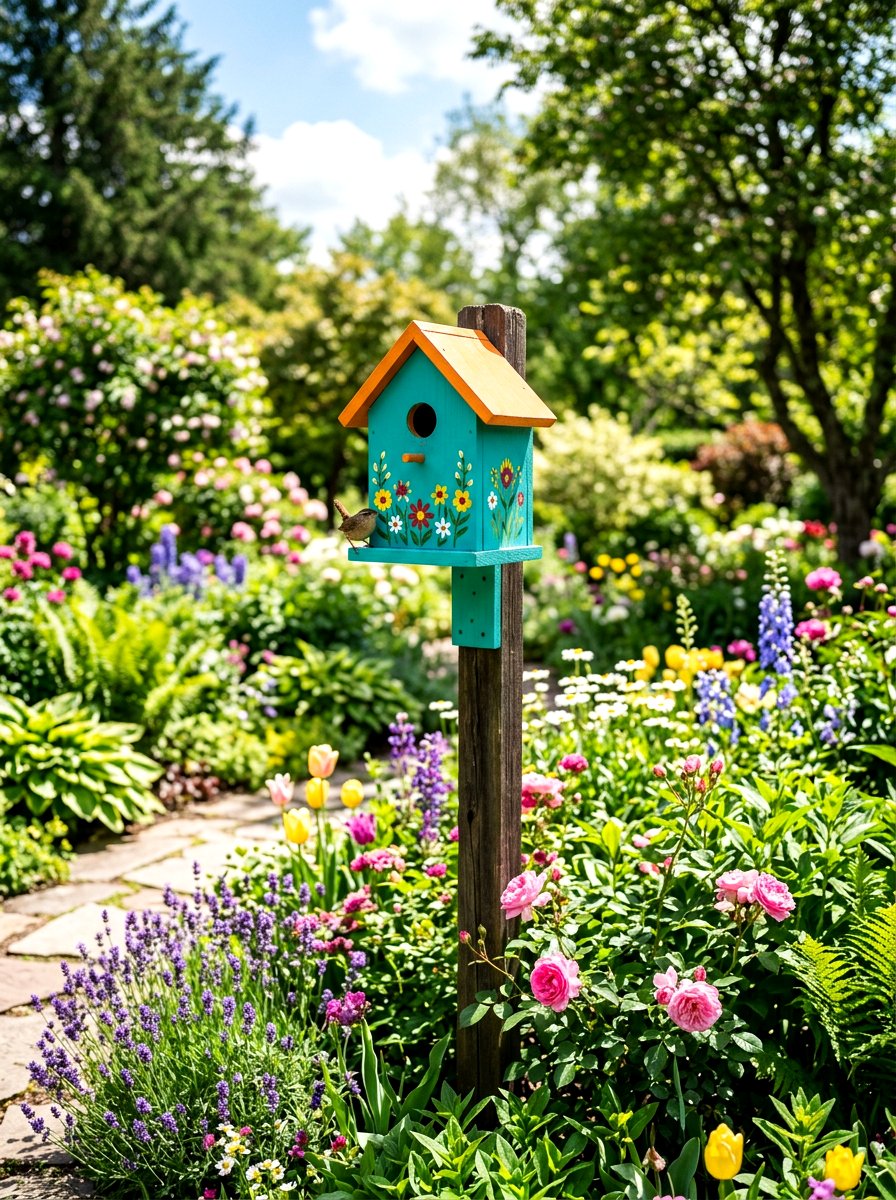 Colorful Birdhouse On Pole - 25 Spring Wooden Bird Ideas