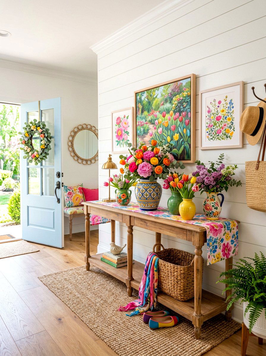 Colorful Floral Console - 25 Spring Foyer Table Decor Ideas