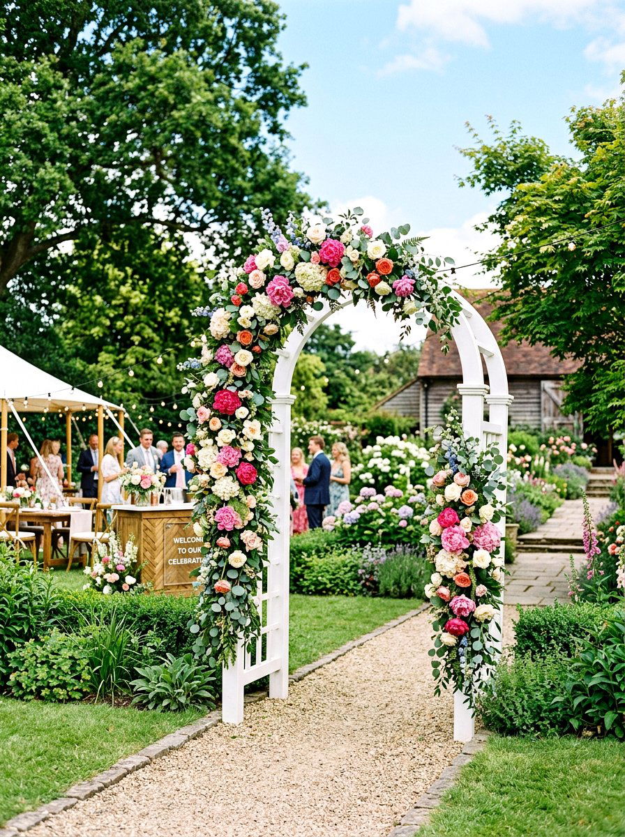 Colorful Floral Garland For Spring Arbor - 25 Spring Garden Arbor Decor Ideas