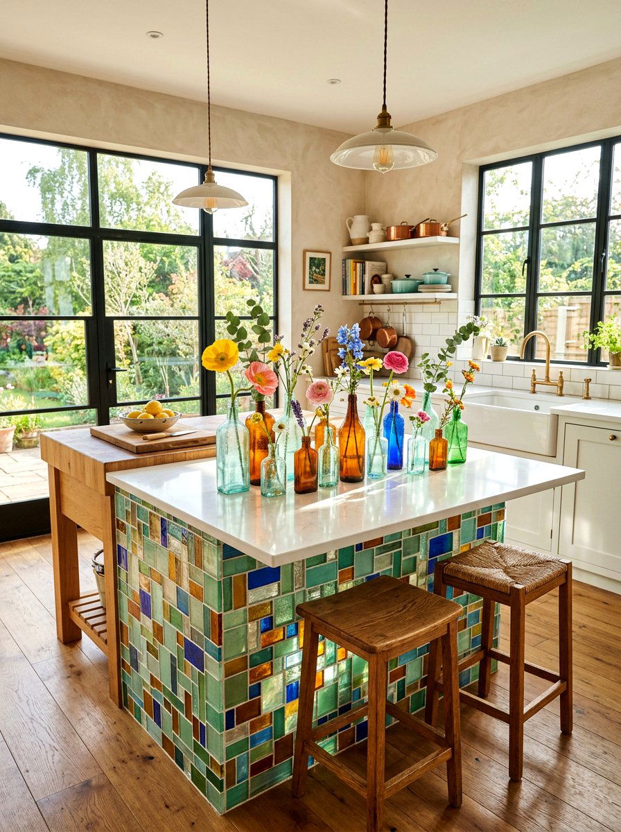 Colorful Glass Bottle Island Decor - 25 Spring Kitchen Island Decor Ideas