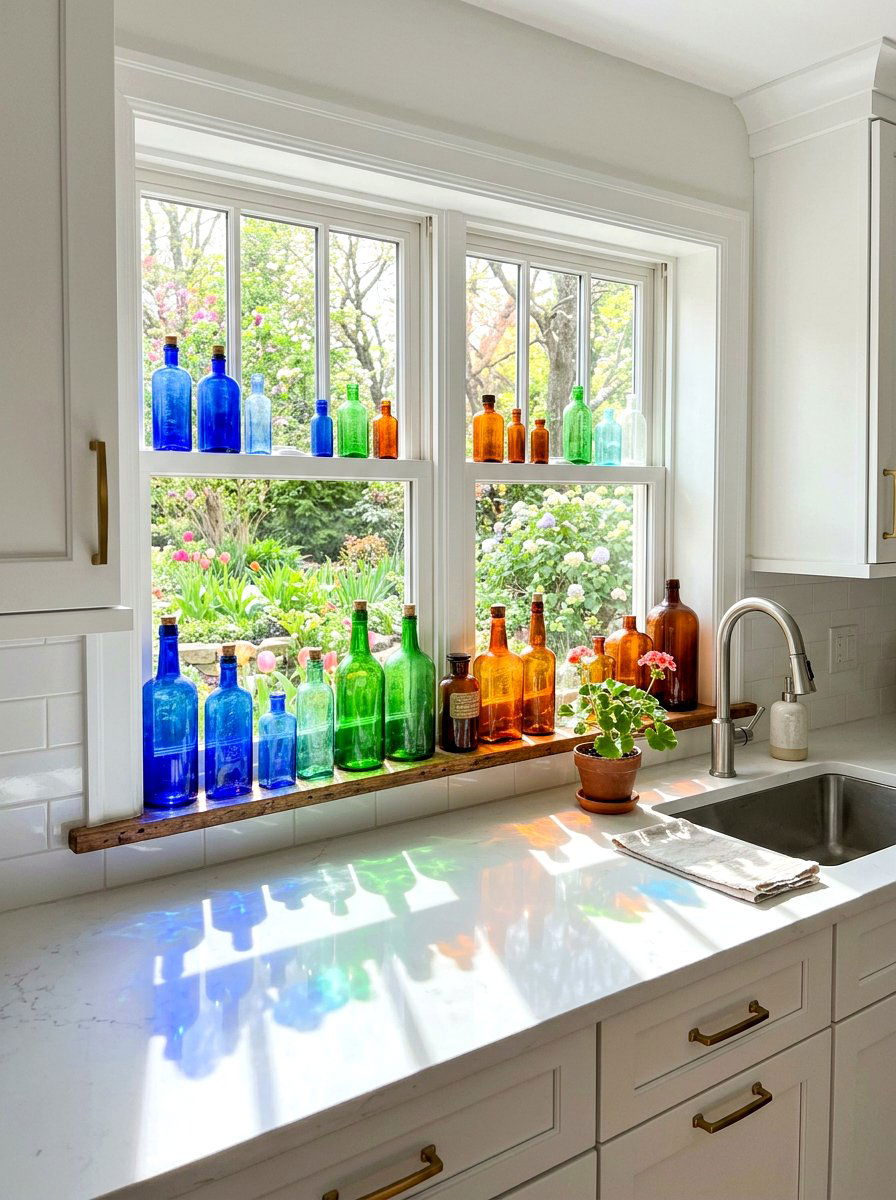 Colorful Glass Bottle Window - 25 Spring Window Frame Decor Ideas