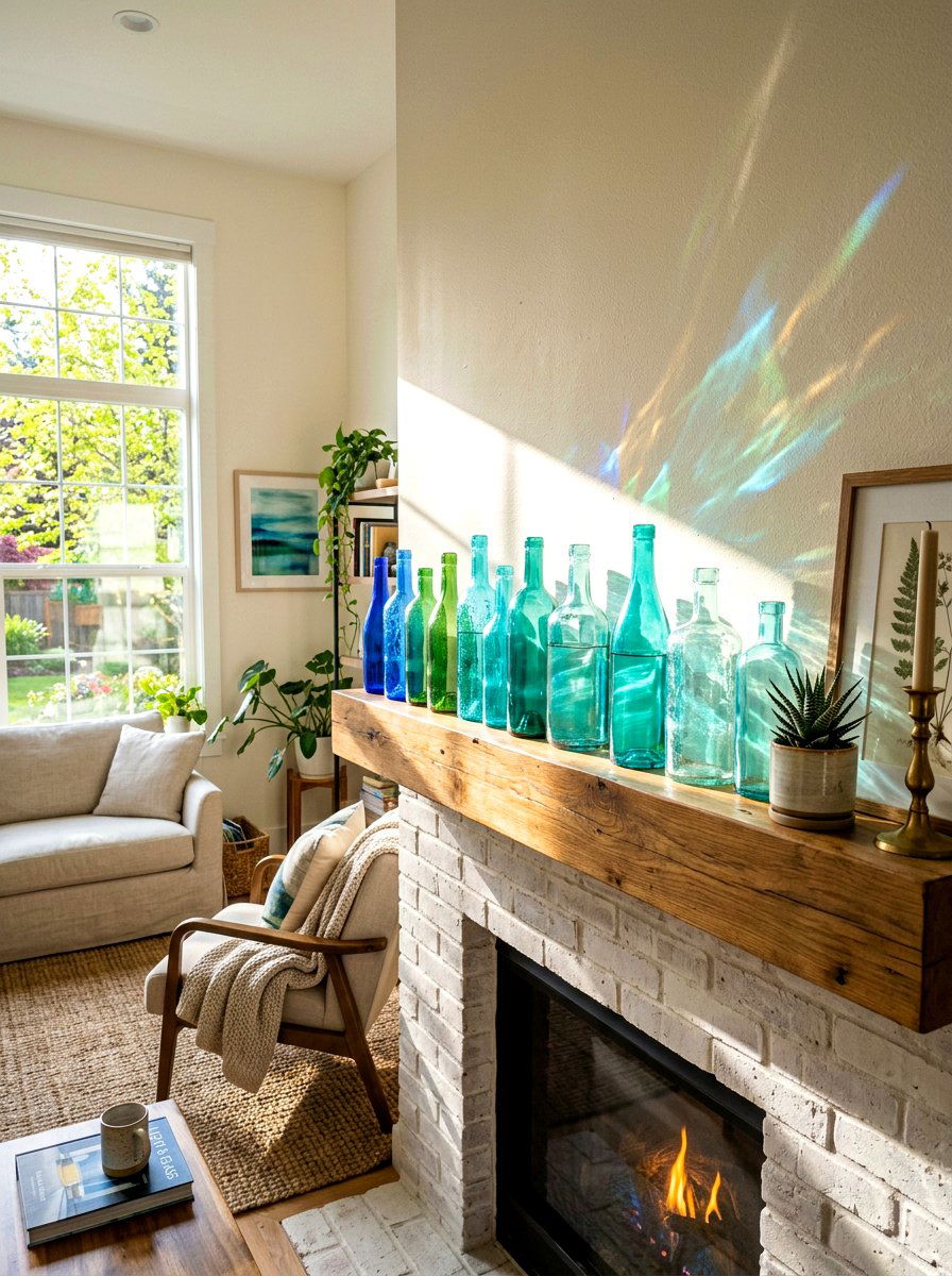 Colorful Glass Bottles - 25 Spring Living Room Mantel Ideas
