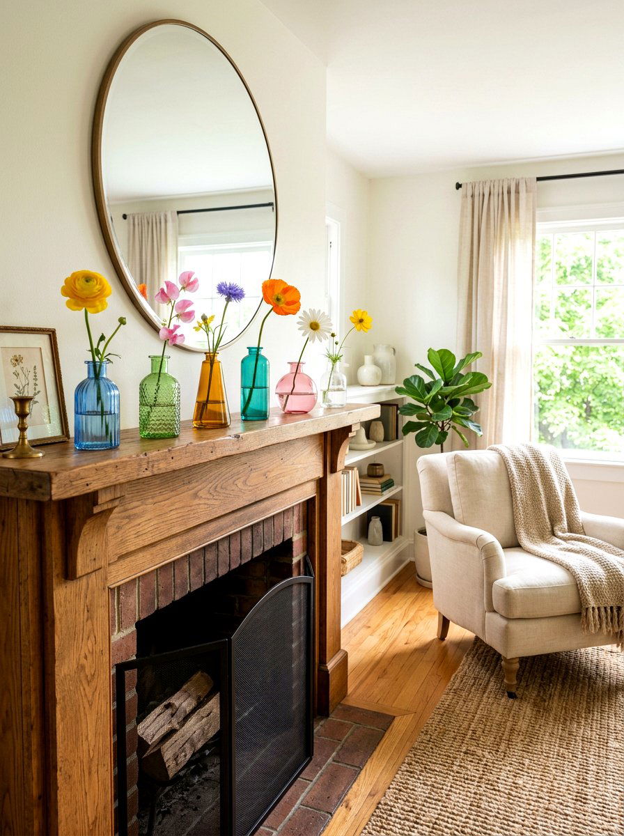 Colorful Glass Bud Vase - 25 Spring Modern Mantel Ideas