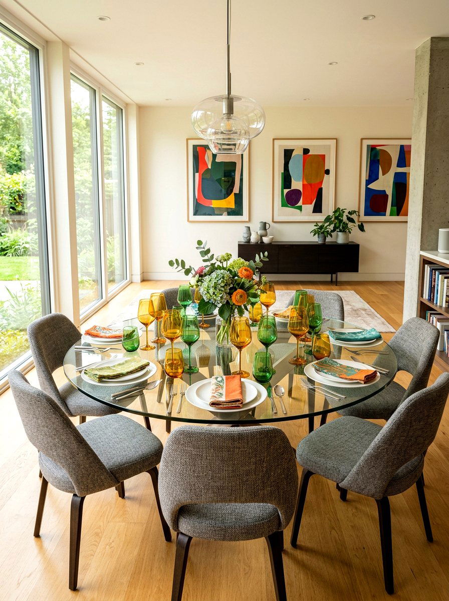 Colorful Glassware Setting - 25 Spring Round Table Decor Ideas