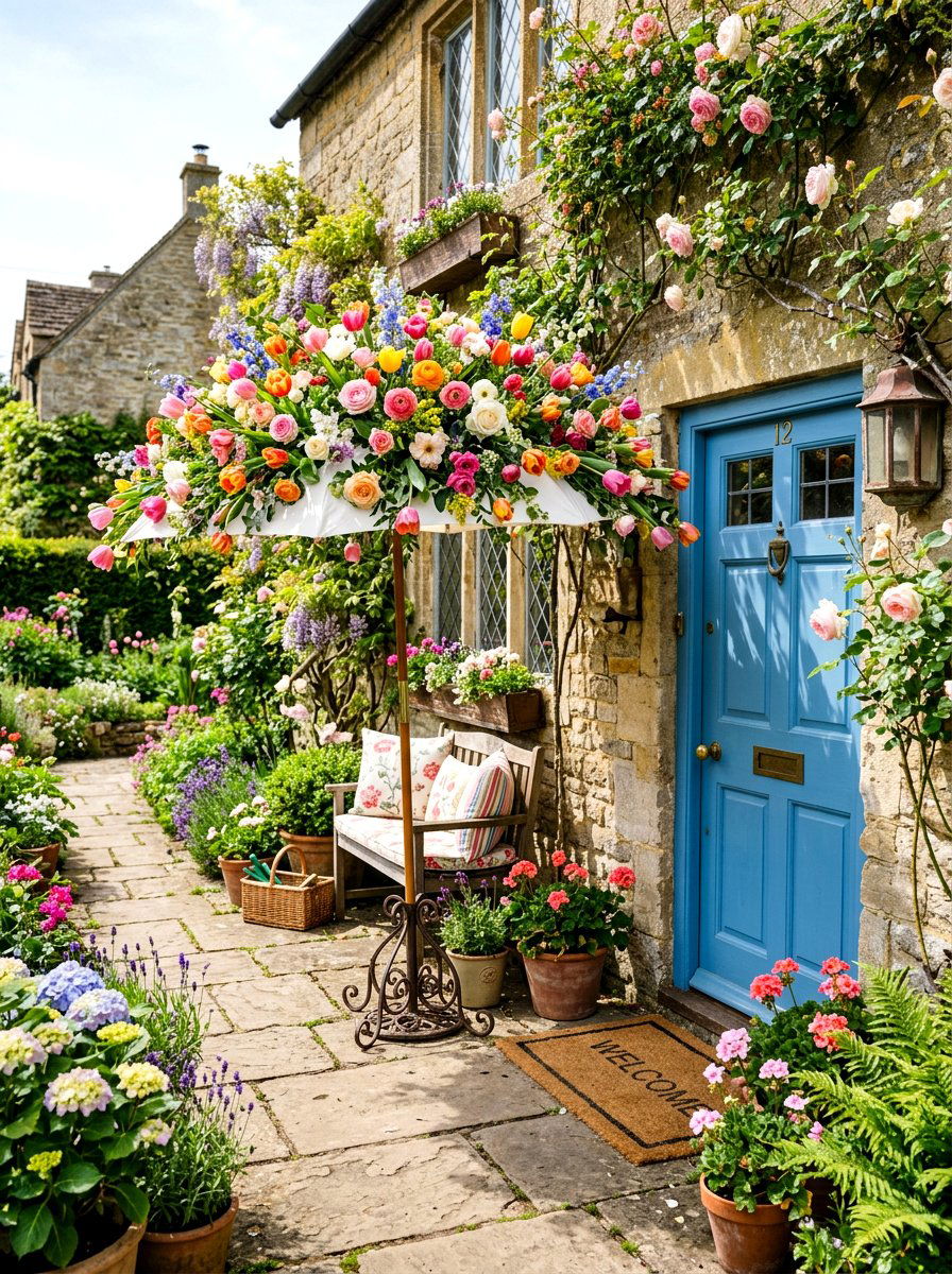 Colorful Mixed Flower Umbrella - 25 Spring Umbrella Wreath Ideas