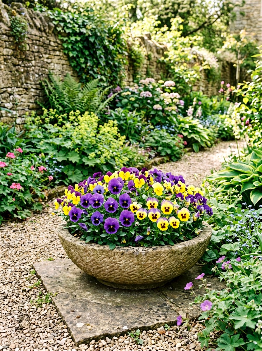 Colorful Pansy Bowl - 25 Spring Curbside Planter Ideas