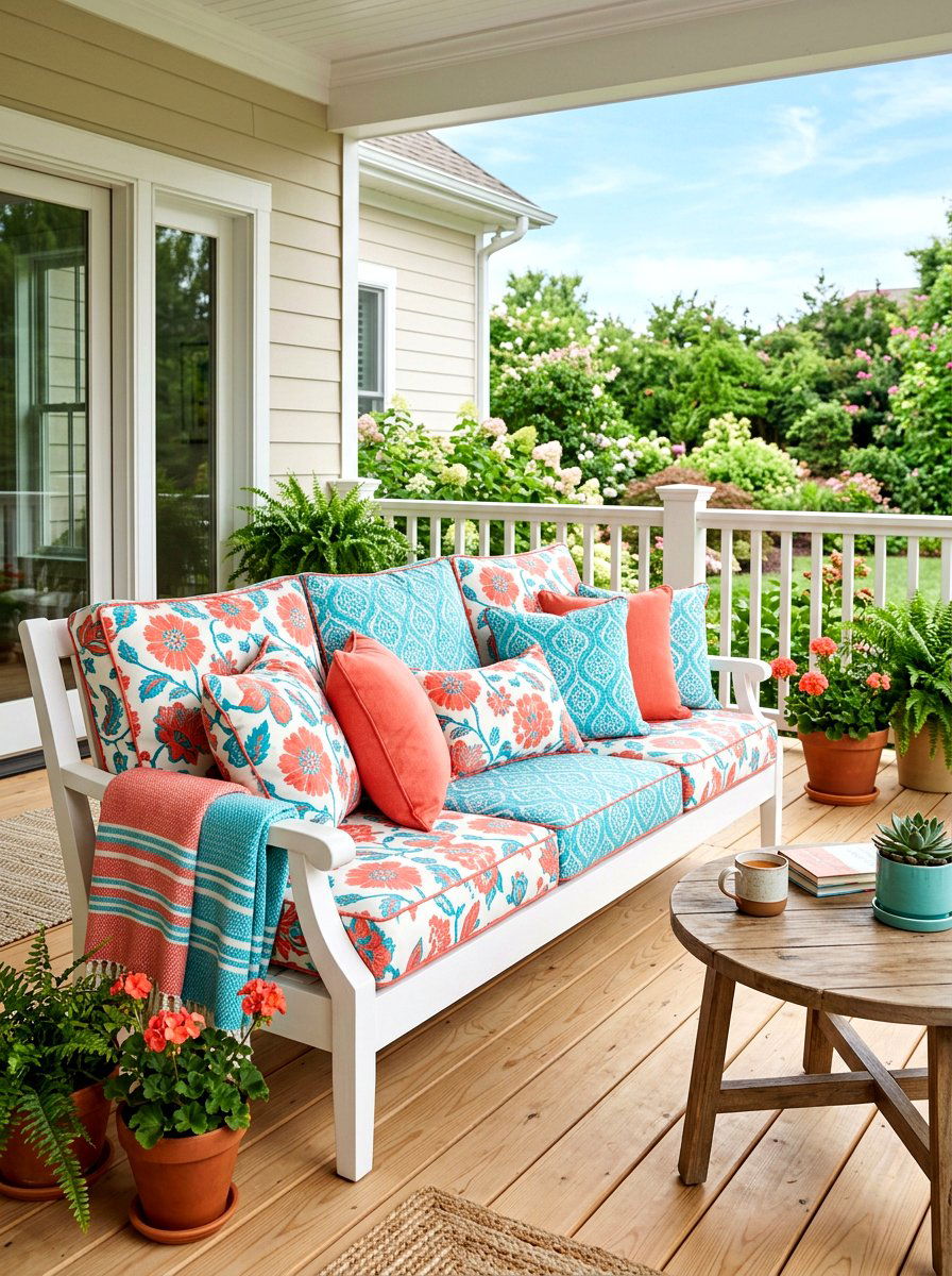 Colorful Porch Cushions - 25 Spring Porch Sitting Area Ideas