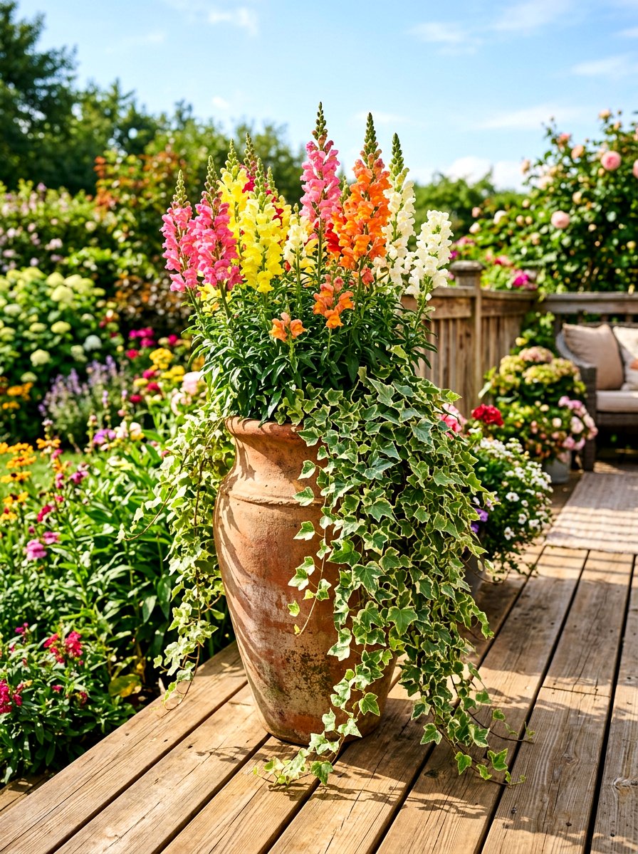 Colorful Snapdragons And Ivy - 25 Spring Urn Planter Ideas