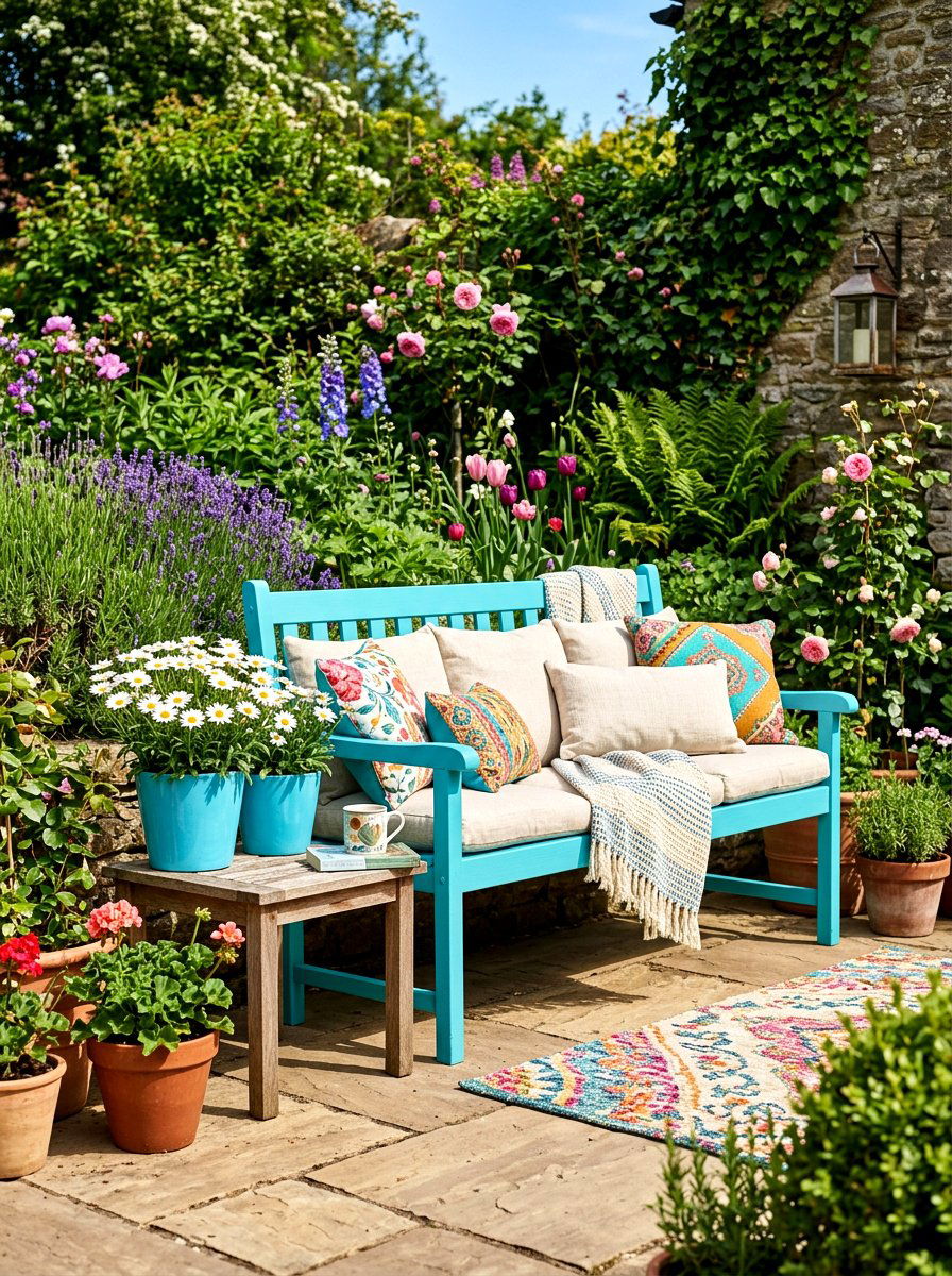 Colorful Spring Bench Setup - 25 Spring Outdoor Bench Decor Ideas