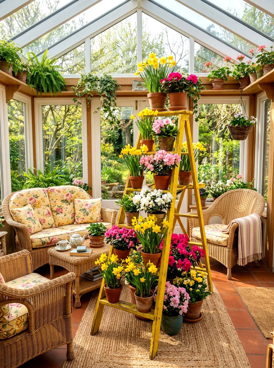 Colorful Sunroom Arrangement - 25 Spring Ladder Decor Ideas
