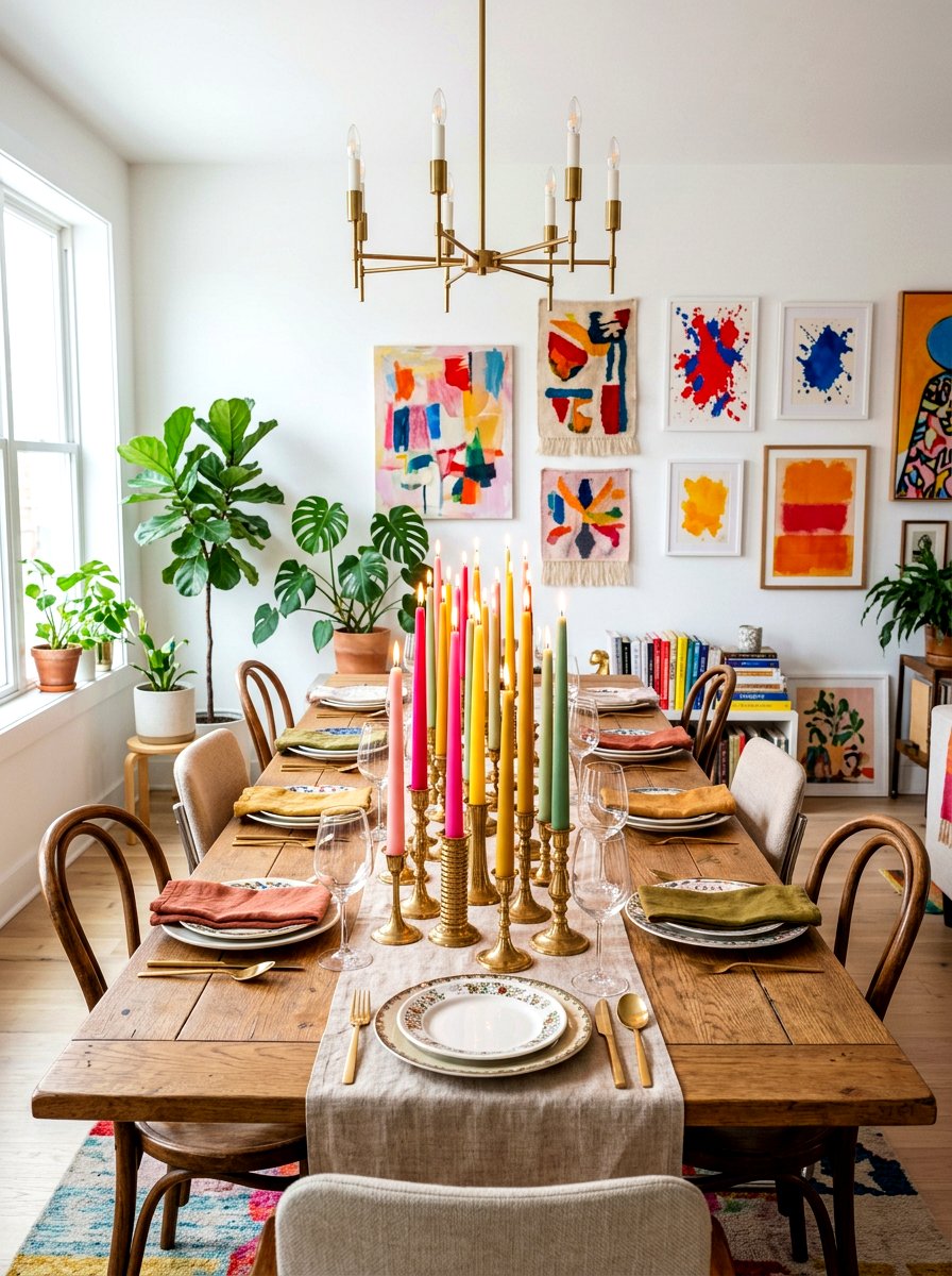 Colorful Taper Candle Display - 25 Spring Long Table Decor Ideas