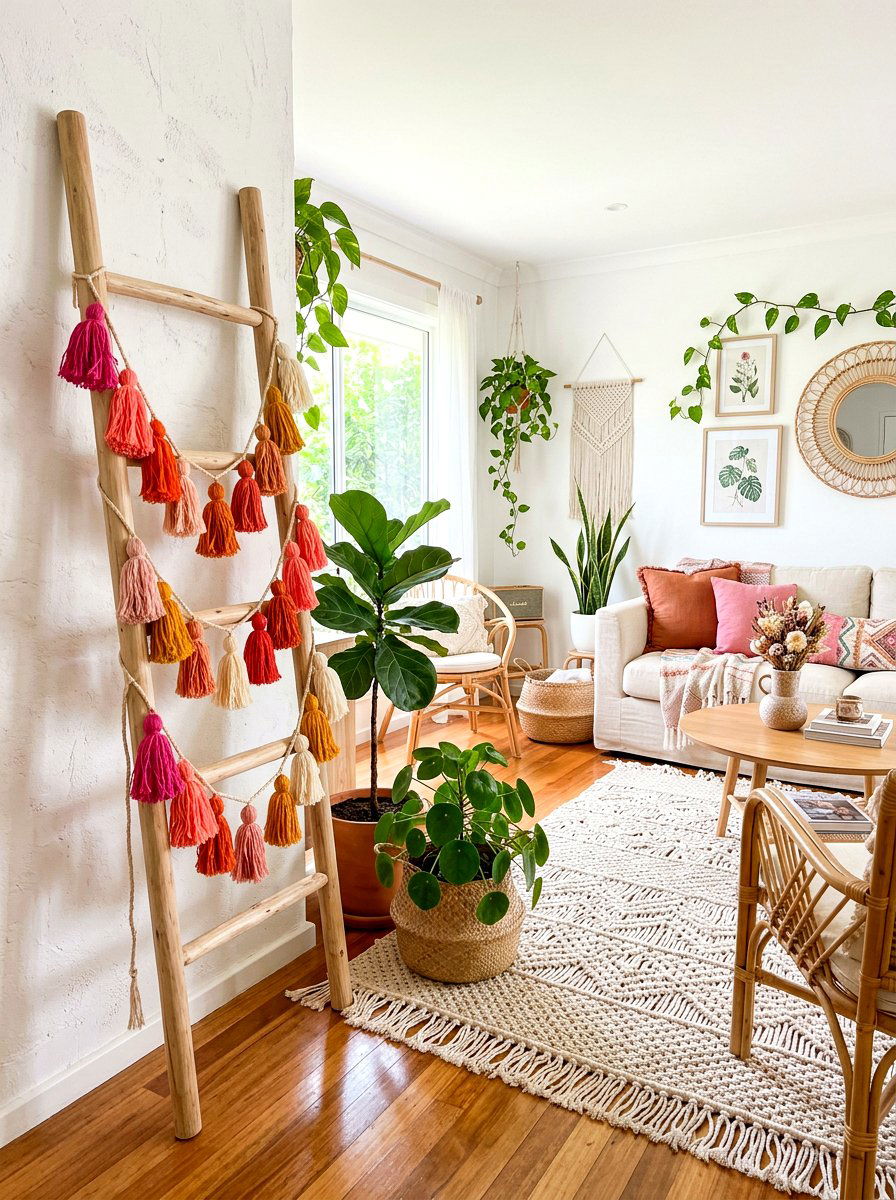 Colorful Tassel Garland - 25 Spring Blanket Ladder Decor Ideas