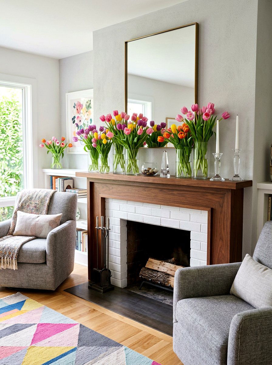 Colorful Tulips Mantel - 25 Spring Fireplace Mantel Ideas