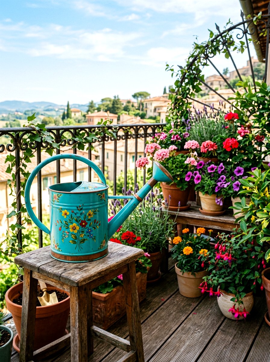 Colorful Watering Can - 25 Spring Balcony Decor Ideas
