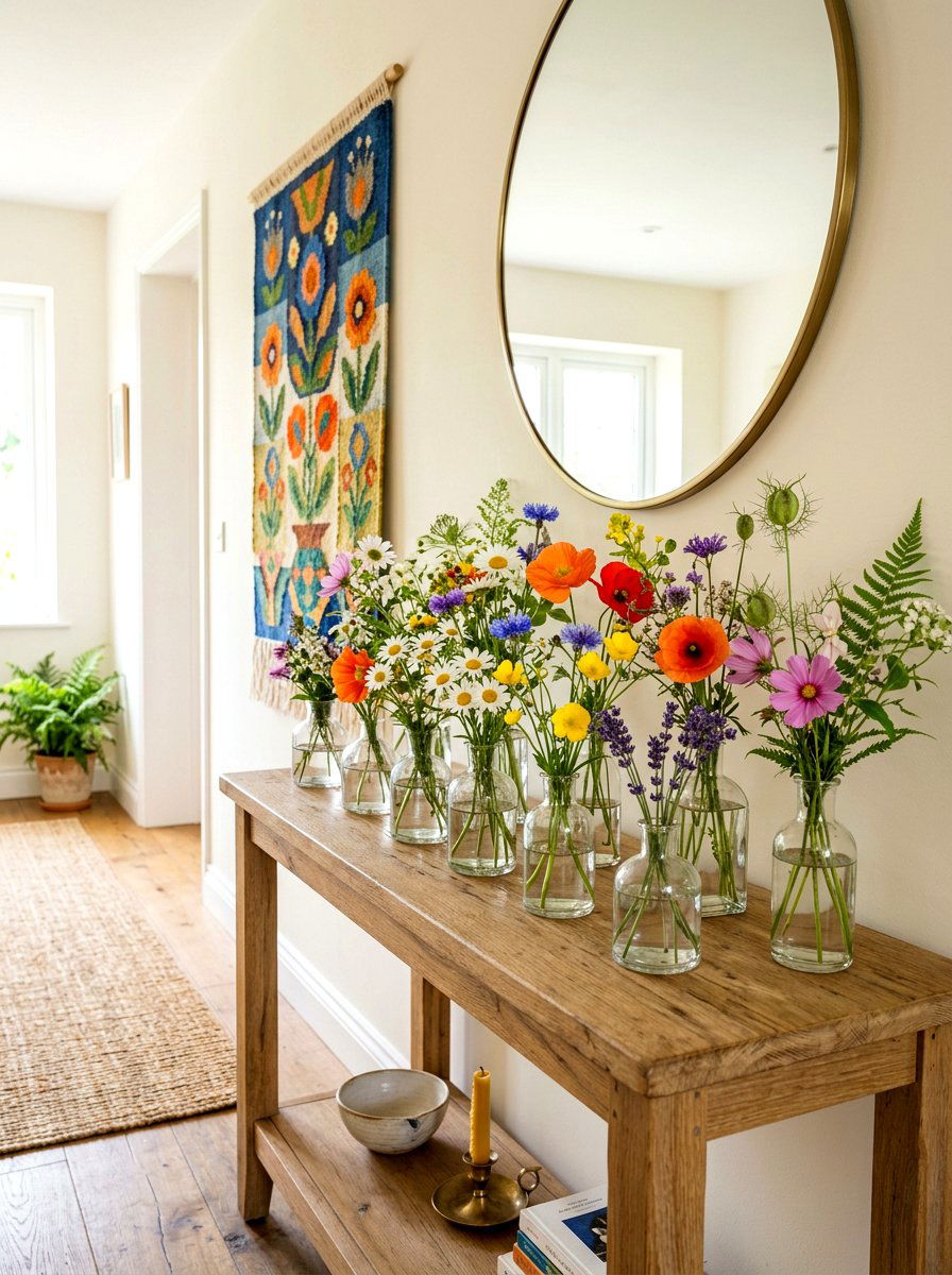 Colorful Wildflower Console Setup - 25 Spring Sofa Table Decor Ideas