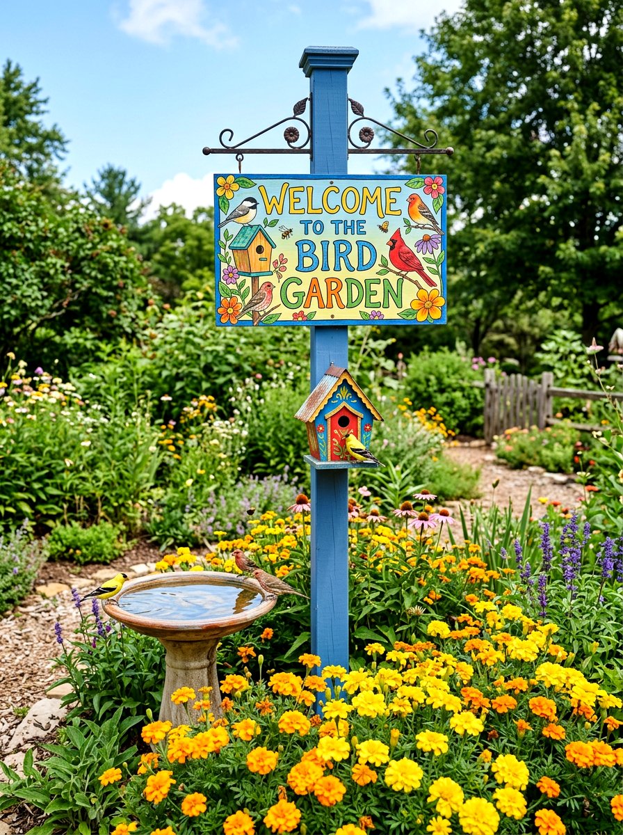 Colorful birdhouse garden sign - 25 Spring Garden Sign Ideas